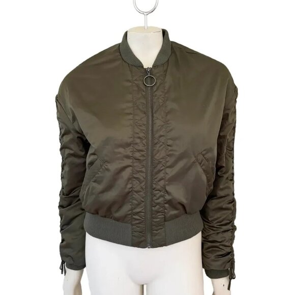 COTTON ON Cinched Sleeve Full Zip Cropped Bomber Jacket in Olive Green SZ 6 - Picture 2 of 10